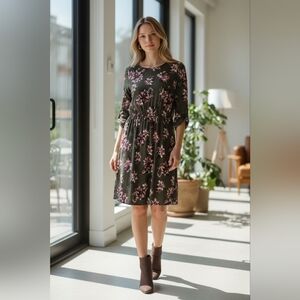 French Grey Olive Green Floral Asymmetrical Dress NWT